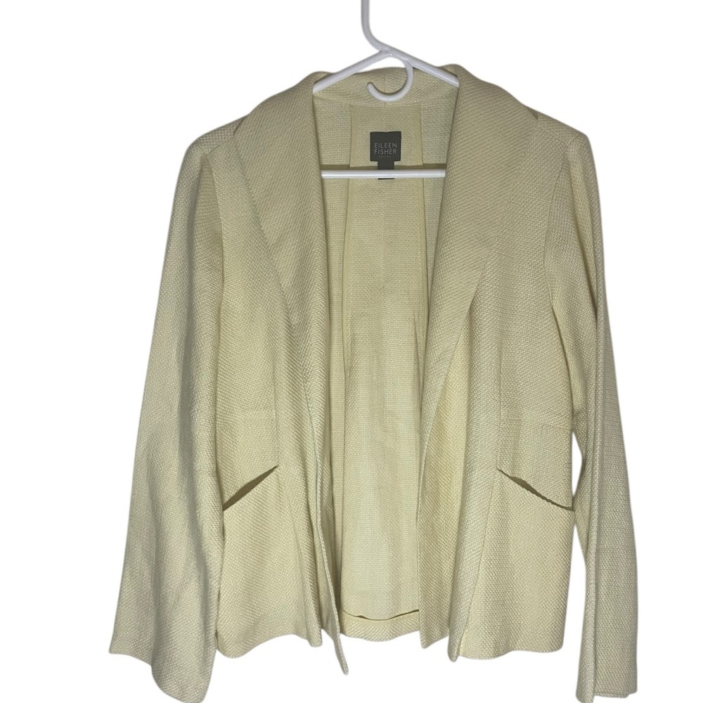Eileen Fisher Yellow Linen Basketweave Open Front Jacket MP Pockets Split Back